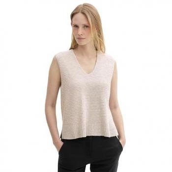 TOM TAILOR Damen Gestrickter Pullunder V-Ausschnitt, creme, Gr. XXL