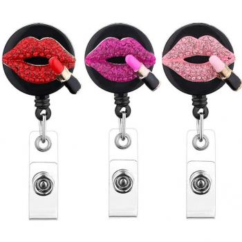 Nurse Retractable Badge Reel Holder - 24 Inch Bling Crystal ID Holder with Belt Clip, Black Lips Design