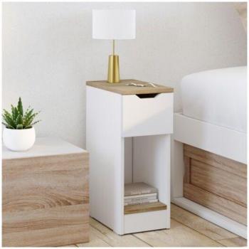 Pacchetto 2 comodini notturni ANOUK con cassetto e mensola, bianco e legno