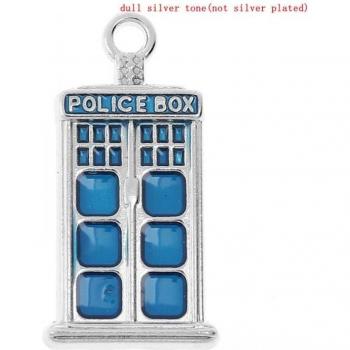 Silver Police Box Charm Pendants, Rectangle, Carved Blue Enamel, 27mm x 14mm, Pack of 10