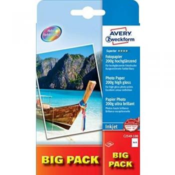 Avery Zweckform C2549-100, Superior Inkjet-Photo-Papier, 10x15cm, 200 g, hochglänzend, 100 Blatt