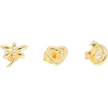 OKsilver - Set de tres pendientes individuales Fly de plata bañada en oro con circonitas