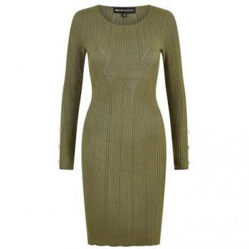 Green Shimmer Fitted Midi Dress With Button