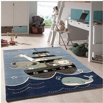 Alfombra Infantil Etelda Azul 240x340 cm - Tejida con Estampado Animal en Polipropileno