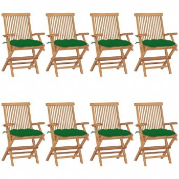 Gartenstühle aus Massivholz Teak mit Grünen Kissen - 8 Stück