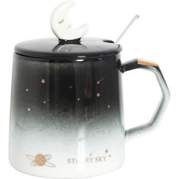 Starry Sky Ceramic Water Cup with Lid and Spoon