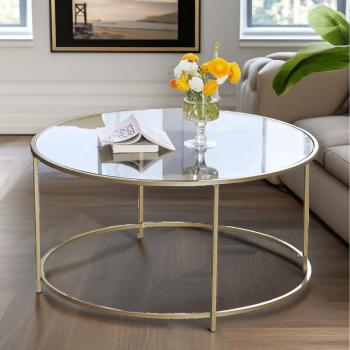 Industrial Tempered Glass Round Coffee Table - Gold
