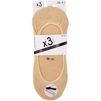 Set di 3 Calze Invisibili in Cotone per Donna, 36/41 Beige