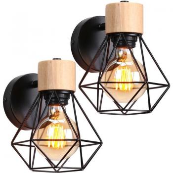 Retro E27 Wall Light with Metal Frame & Wooden Base, Black – 2 Pack