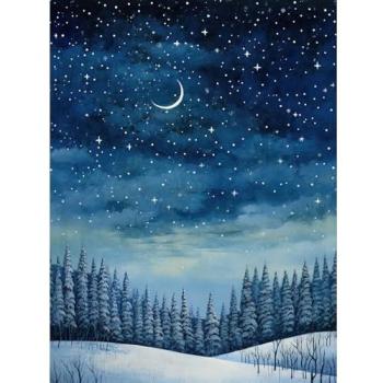 Premium Winter Landscape: Clear Sky Starry Night with Snowy Forest & Crescent Moon