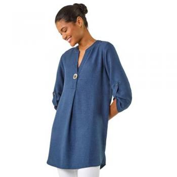 Mid‑Blue Horn Button Longline Top