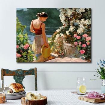 Pittura diamante Signora che ha annaffiato i fiori 20X30CM