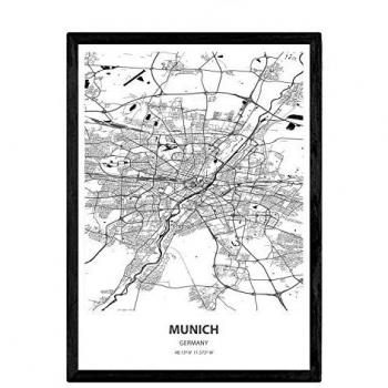 Póster Mapa de Múnich, Alemania - Láminas de Ciudades con Mares y Ríos en Color Negro, Sin Marco - A3