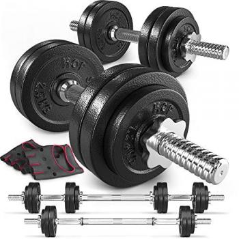 Set d'haltères en fonte 2en1 avec barre longue réglable 30mm 2x15kg