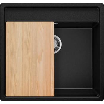 Bergen Primagran Fregadero Negro 1 Seno, 56x53 cm, Granito Mueble 60 cm, Incluye Sifón y Tabla de Cortar
