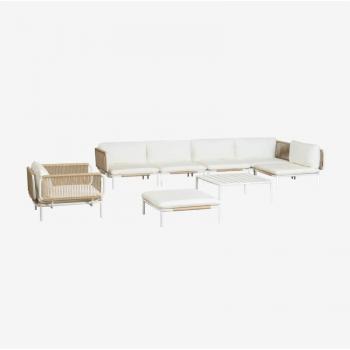 Modular outdoor corner sofa set – 5 pieces with pouf, chair and low table – Roubly beige amande