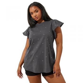 Yours – Curved & Plus Size Grau T-Shirt mit Nieten-Details
