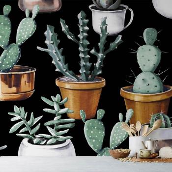 Papel Panorámico Cactus y Maceta en Bronce