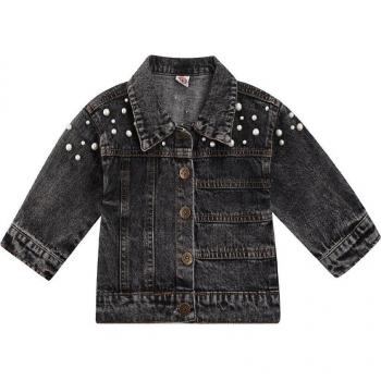 Robe d'automne en denim à boutons de revers avec perles