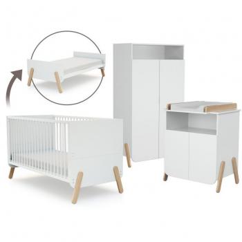 Chambre bébé AT4 lit, commode à langer et armoire Blanc et Hêtre Verni 148x88x78cm