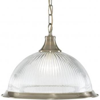 Vintage-Inspired American Diner 1 Light Pendant in Antique Brass with Ribbed Glass and E27 Socket