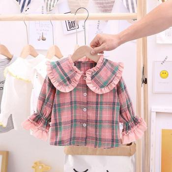 Camisa a cuadros de manga larga con volantes para bebé niña