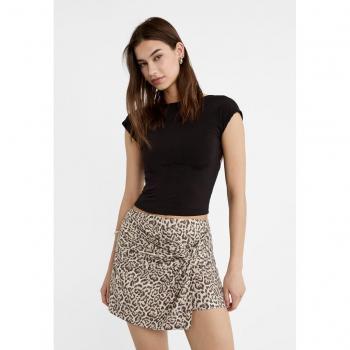 Stradivarius Beige Leopard Print Linen Blend Skort with Side Knot