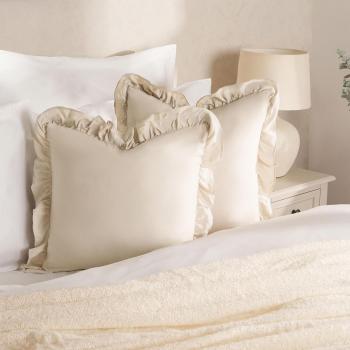 Highams 2 Pack Linen Frill Cushion Cover, Beige - 45 x 45cm