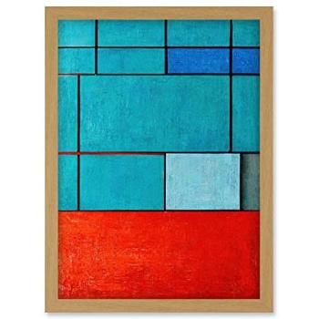 Teal Red Harmony Framed A4 Art by Piet Mondrian – Light Oak Finish