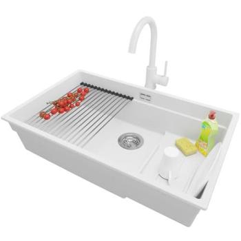 Primagran Évier à Encastrer Meuble 80 cm – Granit Blanc 76x47 cm, Lavabo 1 Bac, Robinet 32x20 cm, Kit Vidage