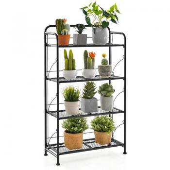 Costway Support De Plantes Pliable À 4 Étagères Réglables En Métal 60 X 25 X 100 Cm Noir Installation Sans Outil Charge 40kg
