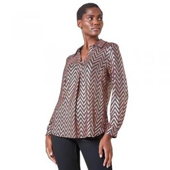 Roman Womens Zig Zag Sequin Stretch Shirt - Gold Leather - Size 12 UK