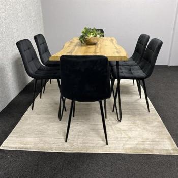 Vintage Maple Feast Table with Six Noir Velvet Seats