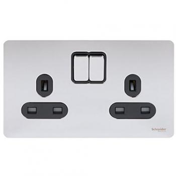 Schneider Electric Ultimate 13A Double Switched Power Socket - Screwless Flat Plate, Polished Chrome with Black Insert