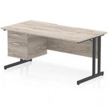 Impulse Office Workstation – 1600x800mm, Grey Oak, Black Cantilever, 1×2 Drawer