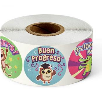 Motivational Cartoon Animal Stickers for Kids - 1 Inch, 500 pcs Roll, Spanish Reward Stickers, 8 Fun Designs