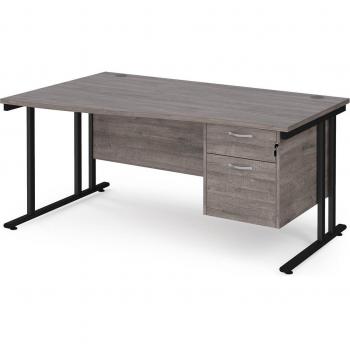 Maestro Wave Desk - 1600mm Wide Left Handed, Grey Oak Top with 2 Drawer Pedestal and Black Cantilever Leg Frame