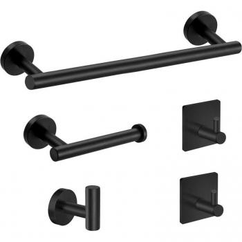5 Stukken Matte Zwarte Badkamer Accessoires Set - Inclusief 30 cm Handdoekenrek en Toiletpapierenstaander