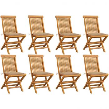 Ensemble de 8 chaises de jardin en bois teck massif avec coussins beige