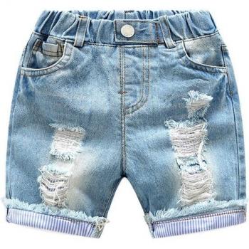 Light Blue Distressed Denim Shorts for Baby Boys, Elastic Waist Cotton Summer Wear, 2-6Y