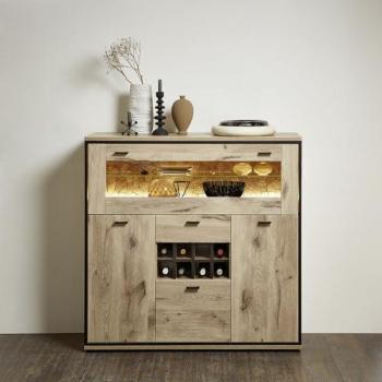 Lomadox Highboard 125 cm – Eiche mit schwarzem Akzent und Beleuchtung (RINGSTED‑55)