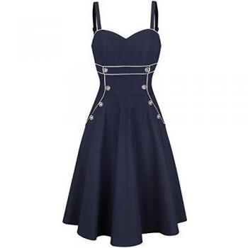 Voodoo Vixen Claudia Nautical Flared Dress - Navy Blue Sailor Style Midi Dress