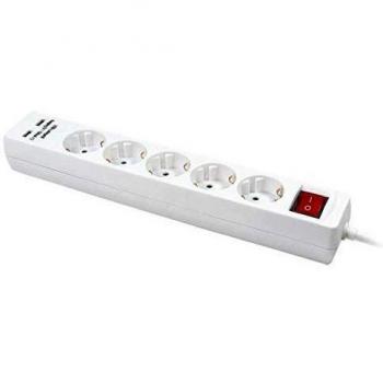 LogiLink LPS203U - Regleta de enchufes con 5 salidas (2 puertos USB y 1.5 m) blanca