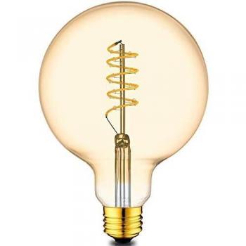 Vintage Edison Light Bulb, G95 Globe Curved Spiral Filament LED Bulb E27 Screw Base 4W (40W Replacement) 350LM 2200K Retro Antique Old Fashioned Style Flicker-Free - 1 Pack Amber Glass Gold Tinted