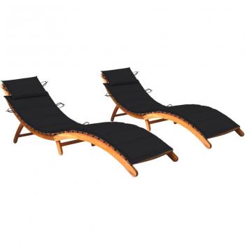Chaises longues en bois d'acacia avec coussins - lot de 2