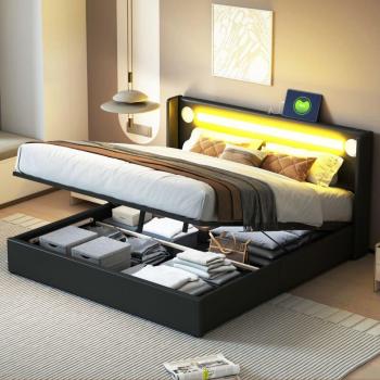 Okwish - Multifunktionales Stauraumbett mit LED-Beleuchtung