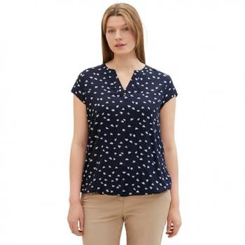 TOM TAILOR Damen Plus Size Kurzarm-Hemdbluse mit LENZING™ ECOVERO™, gemustert, blau, Größe 52