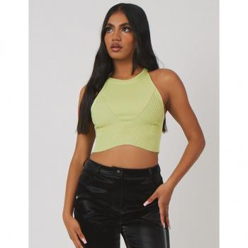 Lime-colored Knitted High Neck Racerback Top