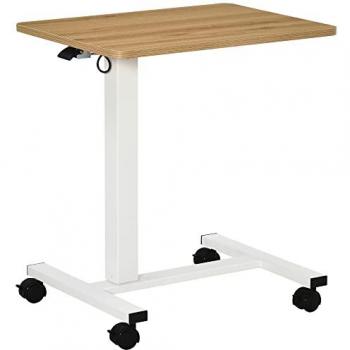 Mesa auxiliar ajustable en altura con ruedas, diseño en forma de C, capacidad de carga 70 kg, medidas 65 x 48 x 70-110 cm, color natural y blanco