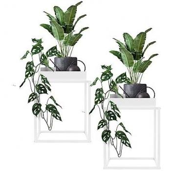 Macetero de Pie de Metal Blanco - Set de 2, Soportes para Plantas 46 x 35 x 35 cm, Jardinera para Interior o Exterior, Estilo Moderno